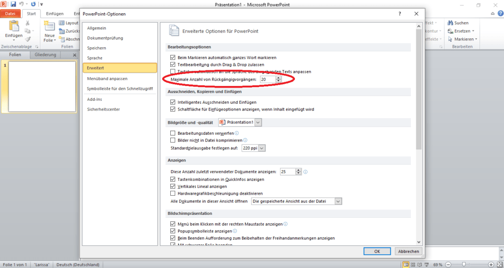 Cambiar el número de deshacer en PowerPoint