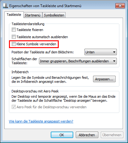 Barra de tareas de Windows 7: establecer iconos pequeños