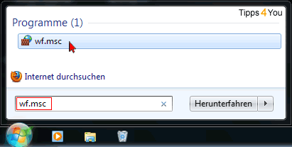 Clave de Windows y escriba wf.msc en el cuadro de búsqueda. Luego haga clic en wf.msc en la parte superior de la ventana.