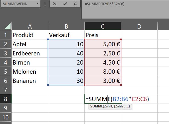 Fórmula de matriz de Excel que forma una suma simple de múltiples ventas de productos