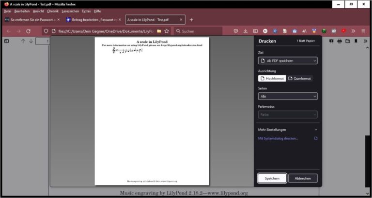 Eliminar contraseña de PDF: en Firefox, una partitura de LilyPond se abre como PDF, con un cuadro de diálogo de impresión, y el destino seleccionado es "Guardar como PDF".