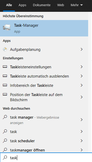 Búsqueda del administrador de tareas en Windows 10