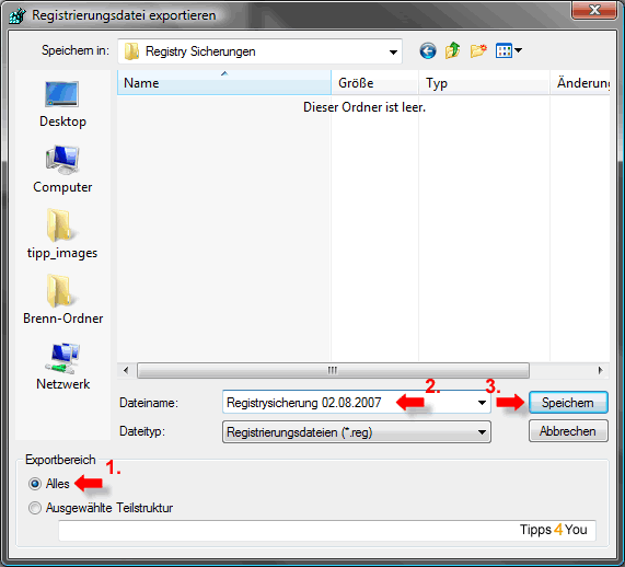 En el cuadro de diálogo Guardar, seleccione la opción Todo en la parte inferior izquierda del área de exportación. Introduzca el nombre (preferiblemente con la fecha) del archivo de copia de seguridad en Nombre de archivo.