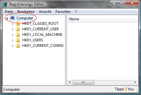 En el Editor del Registro, seleccione Equipo (en Windows XP Mi PC) en el panel izquierdo.