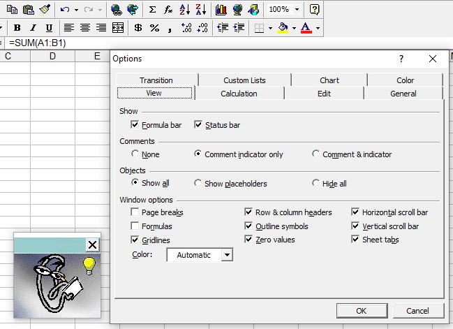 En Excel 97 (aquí versión en inglés) tienes que pasar por las opciones. Allí, en Ver, encontrará la configuración que muestra las fórmulas de Excel